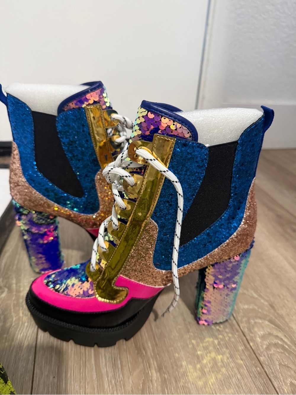 Cape Robbin Metallic Blue Pink Gold Sequin Lace-Up Heels